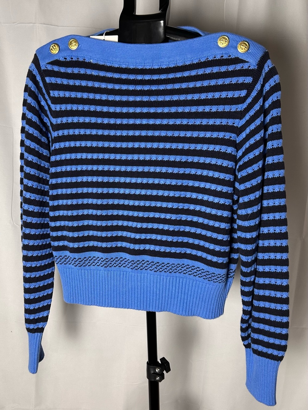 Blue & Black Striped Off-the-Shoulder Sweater with Gold Buttons